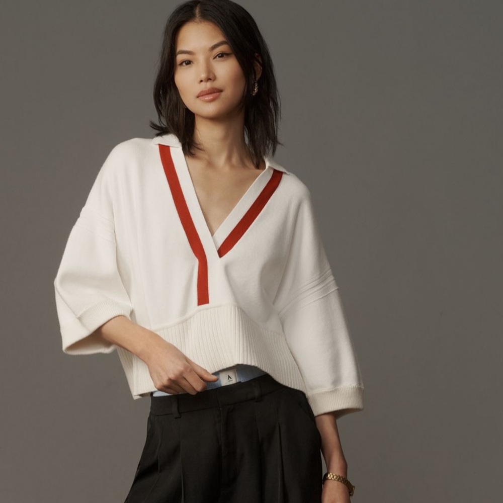 Maeve V-Neck Pullover Sweater with Red Trim - Picture 2 of 8